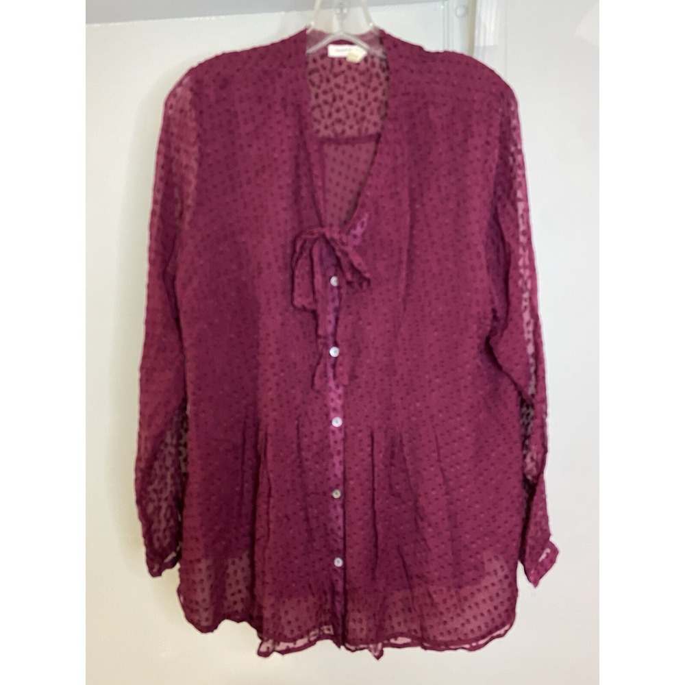 MEADOW RUE Burgundy Silk Clip Dot‎ Tie Neck Blouse L Anthropologie